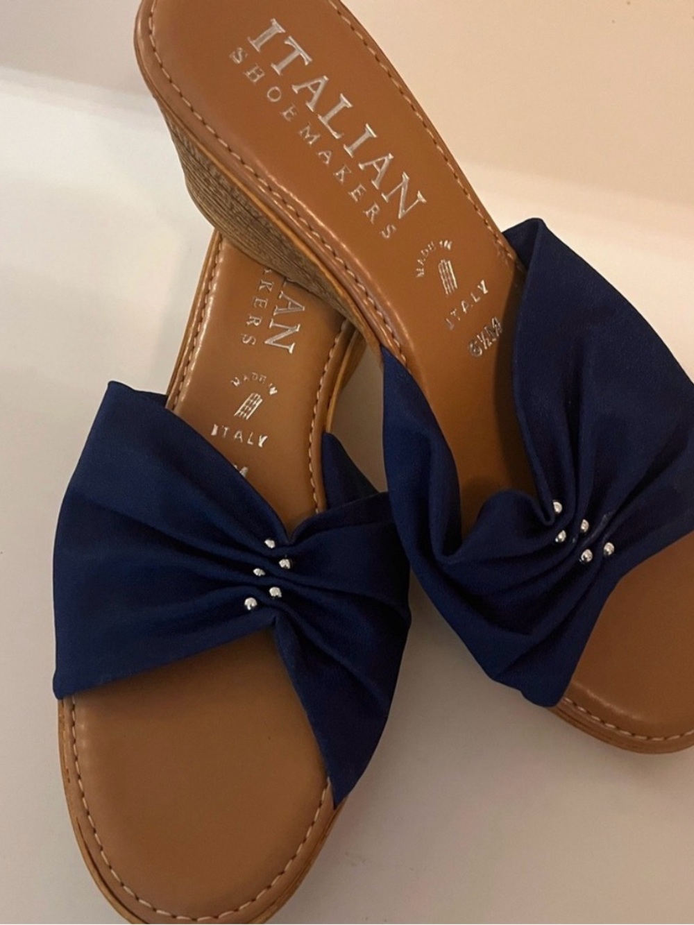 Italian Shoemakers Navy Knot Slide Sandals with Stud Detail